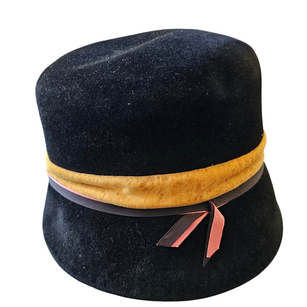 Vintage Cotillion Black Felt Cloche Hat French Body Mustard Band‎ Union Made